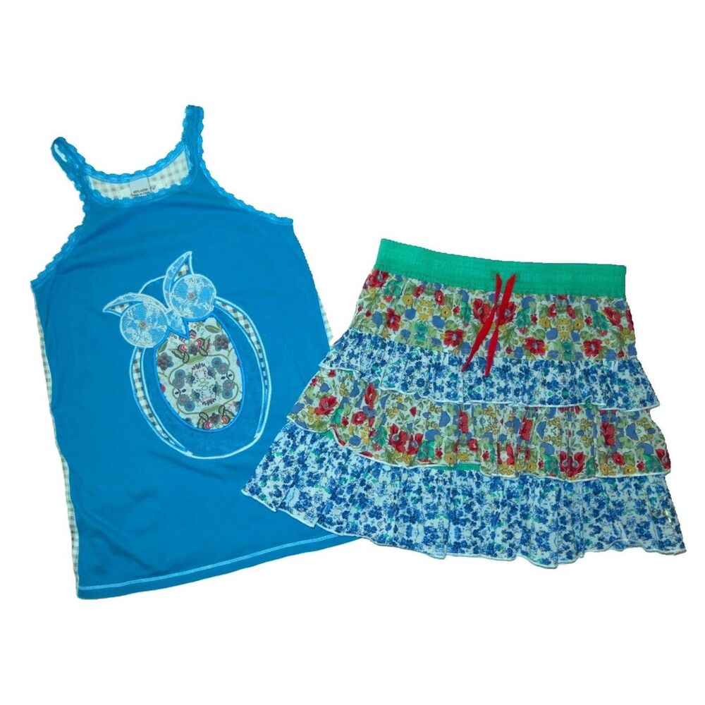 Desigual girls outfit 12 ruffle tiered skirt blue green Owl lace tank top shirt
